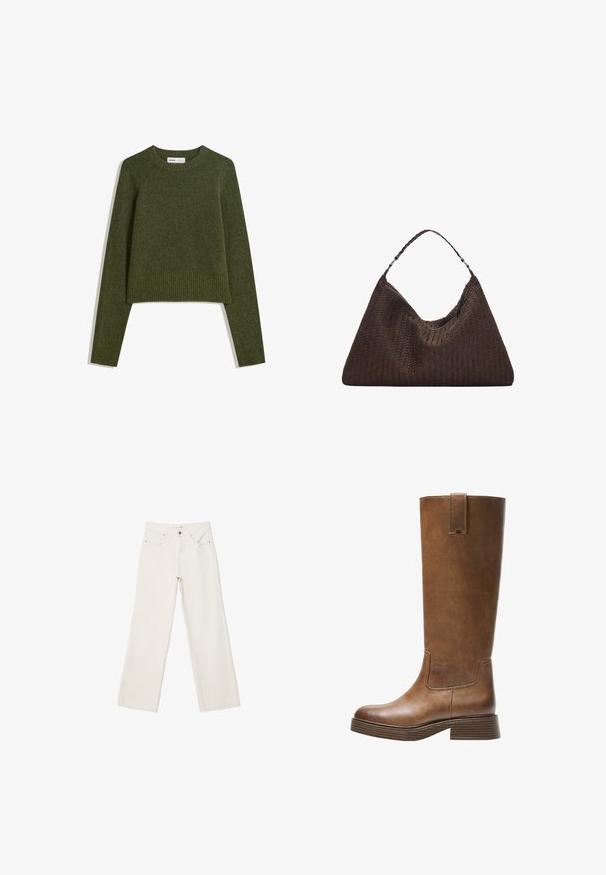 Oliwkowy, krótki sweter z długim rękawem, wykonany z miękkiego materiału. Posiada prążkowany dekolt i dół. Całość ma teksturalne wykończenie.; Białe dżinsy w szerokim kroju wykonane z denimu, z wysokim stanem, przednimi kieszeniami i zapięciem na guzik. Czysty design z minimalnymi akcentami.; Brązowe skórzane wysokie buty do kolan z okrągłym noskiem, teksturowaną powierzchnią i niskim piętrem o warstwowej budowie. Posiadają boczną wstawkę oraz pętelkę na górze.; Brązowa torebka skórzana pleciona o luźnym, trójkątnym kształcie. Posiada pleciony uchwyt i zamek błyskawiczny na górze.