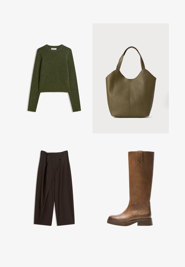 Olíva zöld, rövidített pulóver hosszú ujjal, puha anyagból készült. Bordás nyakkivágással és aljúval rendelkezik. Az egész felülete texturált.; Sötétbarna, bő szárú nadrág magas derékkal, egyetlen gombos záródással és redős elülső résszel. Könnyű anyagból készült.; Barna bőr, térd fölé érő csizma kerek orral, texturált felülettel és alacsony, stakolt sarokkal. Oldalsó panel és húzóhurok található a tetején.; Olivazöld bőr kézitáska dupla pántokkal, sima textúrával és négy paneles kialakítással. Erősített varrás a varratok mentén a tartósság érdekében.