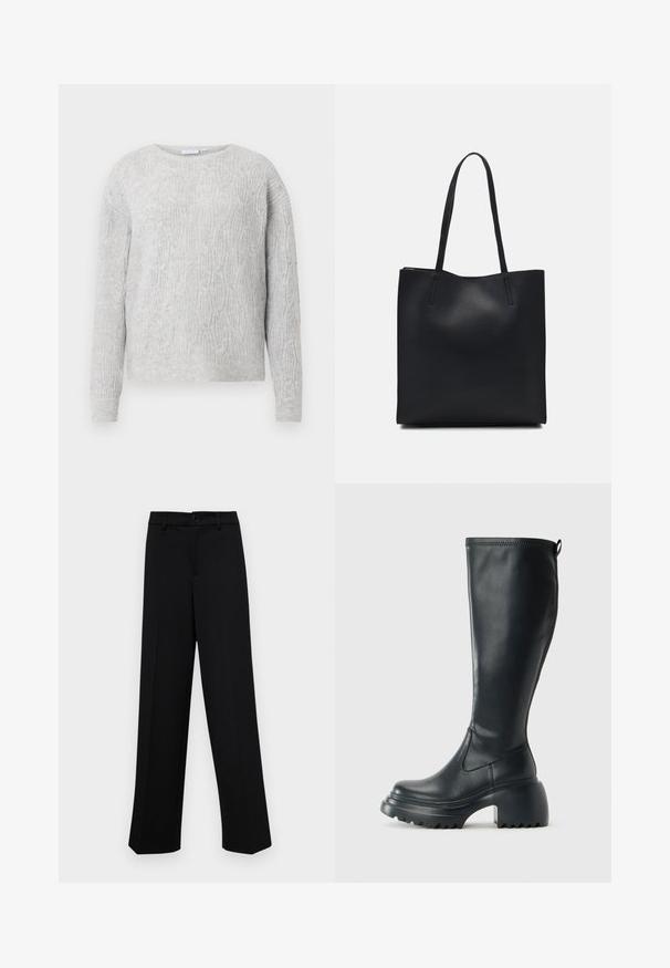 Helehall hõlmik, millel on nöörmustriga kude, ümmargune kaelus ja pikad varrukad. Valmistatud pehmest ja tekstuurist materjalist.; Musta laiad püksid siledast kangast, millel on klassikaline vöökoht, nööbiga sulgemine ja ees voldid.; Kõrge must nahksaapad, millel on massiivne platvormi tald ja blokk-kand, varustatud tõmbenööriga ja tekstuuriga väljatõmbejääk.; Mustast nahast kott sujuva tekstuuriga, ristkülikukujuline ja kahe pika sangaga. Pole nähtavat riistvara ega kaunistusi.