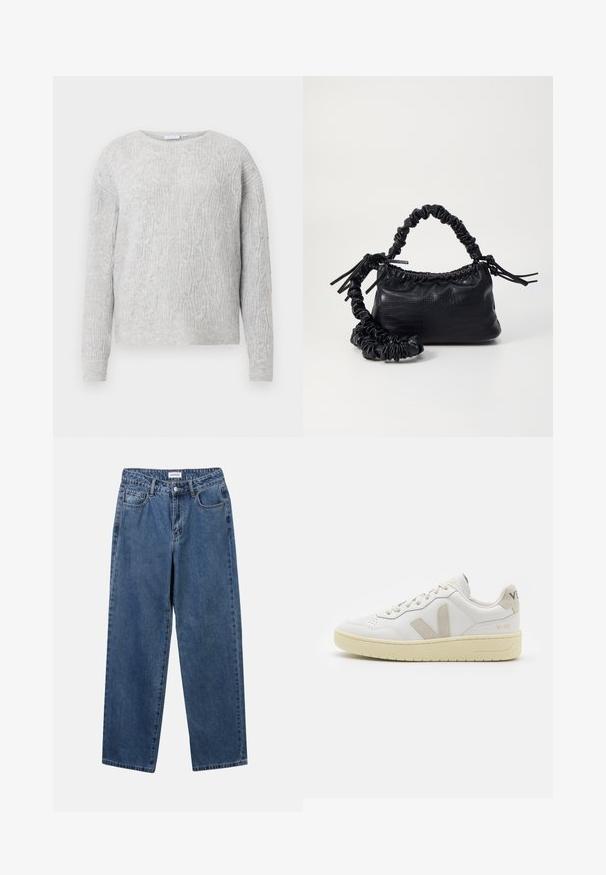 Világosszürke pulóver kábelmintás, kerek nyakkivágással és hosszú ujjakkal. Puha, textúrázott anyagból készült.; Klasszikus kék farmernadrág egyenes szárú dizájnal, öt zsebbel és gombos zárással. Közepes mosású és strapabíró textúrával rendelkezik.; Fehér bőr sneaker bézs velúr részletekkel, perforált orr résszel, lapos fűzőkkel és textúrált krémszínű talppal. Finom márkajelzés található a sarkán.; Fekete műbőr kézi táska krokodil bőr textúrával, összehúzható tetejű és gyűrt pánttal. Lágy és kompakt dizájnúnak tűnik.
