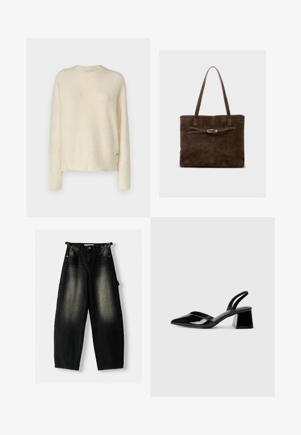 Krémový svetr vyrobený z měkkého texturovaného materiálu s kulatým výstřihem, žebrovanými manžetami a zakončením. Obsahuje malou logo dekoraci na boku.; Příliš volné černé džíny s vybledlým vzhledem, pěti kapsami a poutkem na pásu. Design má volný střih a rovné nohavice.; Černé lakované kožené lodičky na pásku s špičatou špičkou a geometrickým blokovým podpatkem. Vyznačují se elegantním, minimalistickým designem a hladkým povrchem.; Hnědá velká taška z semiše s dlouhými uchy, s plochým tělem a ozdobným popruhem se stříbrným kováním.