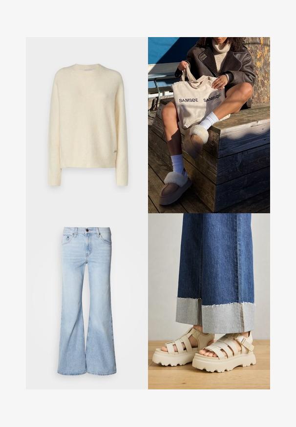 Cream-colored sweater made of soft, textured fabric with a round neckline, ribbed cuffs, and hem. Features a small logo detail at the side.; Light blue flared jeans, featuring a high waist, denim fabric, five pockets, and a button closure. The legs are wide and have a slightly faded finish.; Beige platform sandals with thick soles feature a strappy design and adjustable ankle straps. Worn with wide-leg denim pants, one hem is frayed.; Beige tote bag with "SAMSOE" printed twice, tan slippers with white fur trim, white socks, and a brown shearling coat on a wooden surface.