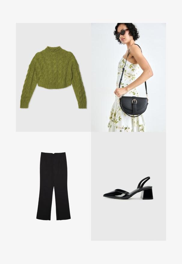 Zelený pletený cropped svetr s dlouhými rukávy a vysokým límcem. Vyrobeno z měkké látky, s ribbovaným lemem a texturovaným vzorem.; Černé kalhoty s rovným střihem, s předními kapsami a bočními rozparky na lemu. Vyrobené z jemné, hladké tkaniny. Vhodné na různé příležitosti.; Černé lakované kožené lodičky na pásku s špičatou špičkou a geometrickým blokovým podpatkem. Vyznačují se elegantním, minimalistickým designem a hladkým povrchem.; Černá kožená kabelka s křivkovým tvarem, odnímatelným popruhem a zlatými detaily. Kabelka má klopu s přezkou.