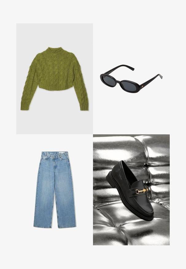 Zelený pletený cropped svetr s dlouhými rukávy a vysokým límcem. Vyrobeno z měkké látky, s ribbovaným lemem a texturovaným vzorem.; Světlé modré široké džínové kalhoty vyrobené z denimu, s vysokým pasem, pěti kapsami, knoflíkovým zapínáním a jemným vyblednutím pro texturu.; Černé kožené loafery s detaily zlatého kovu. Obuv má elegantní design a hladký, lesklý povrch.; Černé oversized sluneční brýle s oválnými čočkami, hladkým plastovým rámem a zlatými akcenty na spáncích. Tmavé čočky poskytují ochranu před sluncem.; Měkká hnědá kabelka ve stylu hobo s jedním širokým popruhem a zakřiveným horním otvorem, vystavená na bílém pozadí.