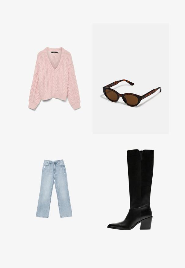 Vero Moda VMDREAM - Pullover - rose shadow; Jeans en denim bleu clair avec une coupe large, des détails déchirés, un design à cinq poches et une fermeture éclair.; Bottes noires montantes en cuir lisse, avec un bout pointu, un talon bloc et une découpe en V en haut.; Lunettes de soleil en écaille de tortue marron avec une forme vintage de lunettes cat-eye et des verres marron. Présente des branches courbées avec des accents rouges.