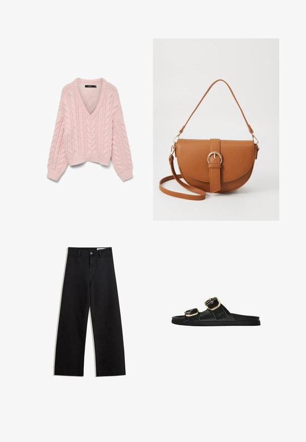 Vero Moda VMDREAM - Vesta - rose shadow; Crne široke traperice s visokim strukom, s prednjim i stražnjim džepovima, šivenim šavovima i kopčanjem na gumb. Glatka tekstura.; Crne sandale na klizanje s dva zlatna akcenta u obliku kopči, glatkog teksturiranog materijala, ravnim potplatom i minimalističkim dizajnom.; Smeđa kožna torba preko tijela s zakrivljenim oblikom, zlatnim metalnim detaljima i naglaskom na kopču. Ima odvojivu naramenicu.