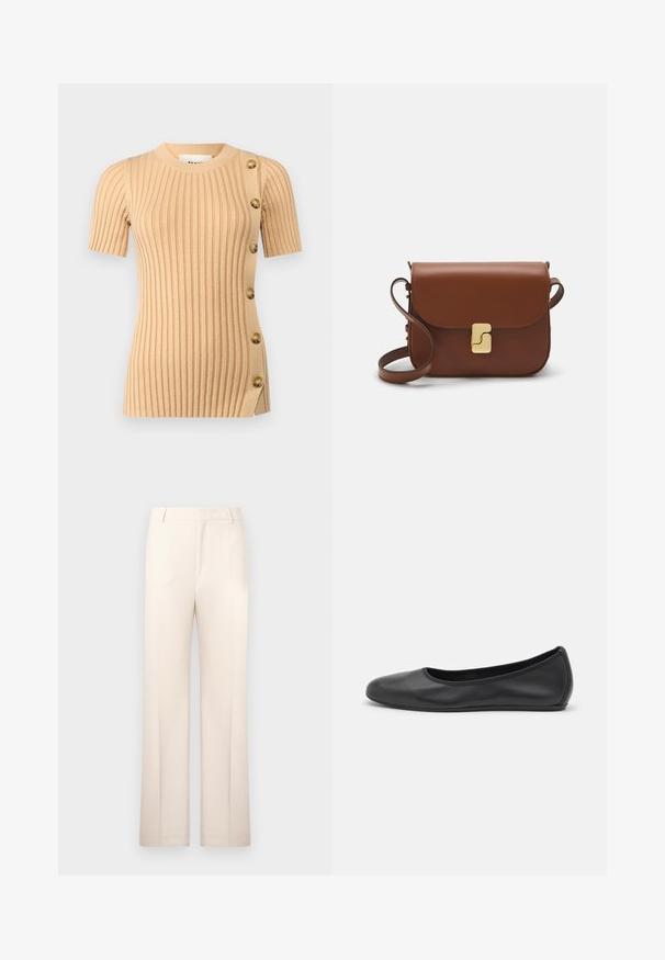Top scurt cu mâneci, din tricot ribbed, de culoare bej deschis, având accente cu nasturi pe lateral și o siluetă ajustată pentru un aspect structurat.; Pantaloni bej, croiți pe linie dreaptă, realizati dintr-un material ușor. Prezintă pliuri frontale și o talie clasică.; Balerini din piele neagră, cu vârf rotund, textură netedă, detalii de cusătură minimale și un design al tălpii flexibil.; Geantă de piele maro cu închidere tip capac, accesorii de culoare aurie, curea de umăr și o textură netedă. Formă compactă și rectangulară.
