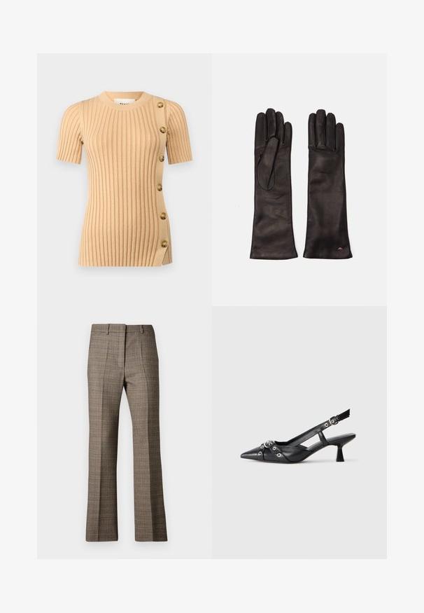 Short-sleeve ribbed knit top in light beige, featuring button accents on the side and a fitted silhouette for a structured look.; Brown plaid trousers with a straight leg cut, featuring a textured fabric and subtle colors of beige and darker browns throughout the pattern.; Black leather slingback shoe with a pointed toe, decorative straps featuring metal eyelets, and a low block heel. Textured surface.; Weekend Max Mara SENAPE - Gloves - nero