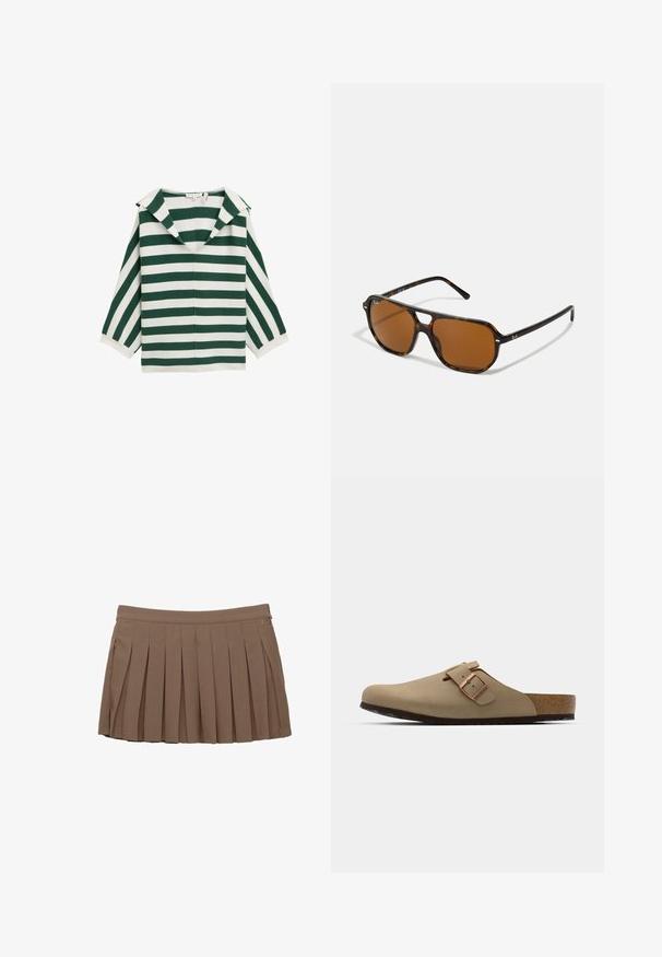 Haut rayé vert et blanc avec un grand col, décolleté en V et manches trois-quarts. Fabriqué en tissu léger avec une texture lisse.; Jupe mini plissée marron avec une taille et un subtil logo sur le côté sur fond blanc.; Sabots beiges avec un bout arrondi, accent en boucle ajustable et semelle en liège. Surface texturée avec une semelle en caoutchouc noir pour une meilleure adhérence.; Lunettes de soleil écaille de tortue avec des verres marron, de forme rectangulaire, et des accents en métal sur la monture. Design élégant avec des branches fines.; Sac à main en cuir marron avec deux poignées robustes, de forme rectangulaire, texture lisse et fermeture zippée. Design minimaliste sans motifs visibles.