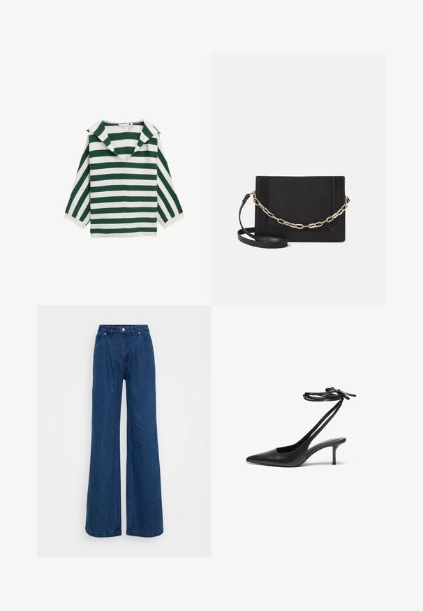 Grün-weißer gestreifter Oberteil mit weitem Kragen, V-Ausschnitt und dreiviertellangen Ärmeln. Hergestellt aus einem leichten Stoff mit glatter Textur.; Weite blaue Jeans mit hoher Taille, vorderem Knopf- und Reißverschlussverschluss sowie Vorder- und Hintertaschen vor einem schlichten Hintergrund.; Schwarzer Leder-Stiletto mit spitzem Zehenbereich, offenem Fersenbereich und mit einer Schleife gebundenen Knöchelriemen. Schlanker 3-Zoll-Absatz. Glatte Textur, minimalistisches Design.; Schwarze Leder-Crossbody-Tasche mit glatter Textur, rechteckiger Form und metallic-kettendetail auf der Vorderseite. Verstellbarer Gurt inklusive.
