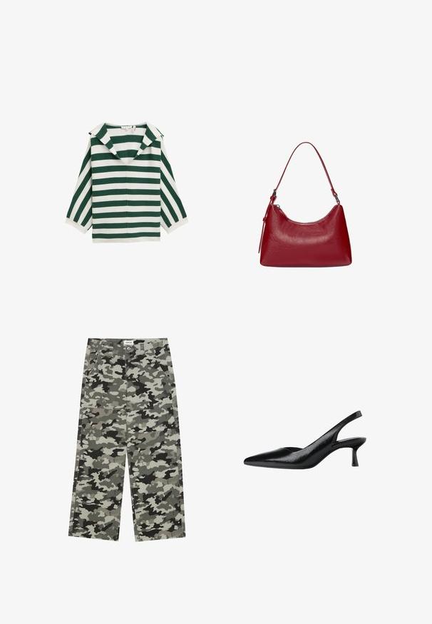 Green and white striped top with a wide collar, v-neckline, and three-quarter sleeves. Made of a lightweight fabric with a smooth texture.; YOURTURN UNISEX - Relaxed fit jeans - grey/black; Black slingback pumps with a pointed toe, made of textured synthetic material, featuring a slim heel and an open side design.; Red leather shoulder bag with a curved design, smooth texture, and a zipper closure. It features a thin handle for carrying.