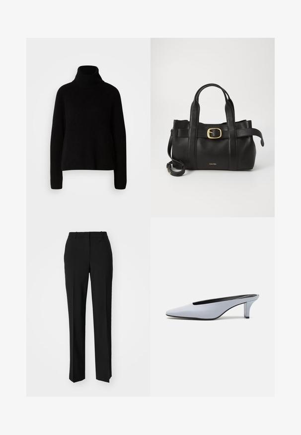 Svart turtleneck genser laget av ribbet materiale; har lange ermer og en avslappet passform, som fremhever et enkelt og klassisk design.; Sorte skreddersydde bukser med rett silhuett, med en glatt tekstur og klare pressede bretter foran. Ingen synlig maskinvare.; Lys blå patentlær mule med spiss tå, lav gjennomsiktig hæl og en elegant design med utskjæring på vampen.; Svart lærveske med en strukturert design, doble topphåndtak, gullfarget spenneakent og preget merke-logo foran.