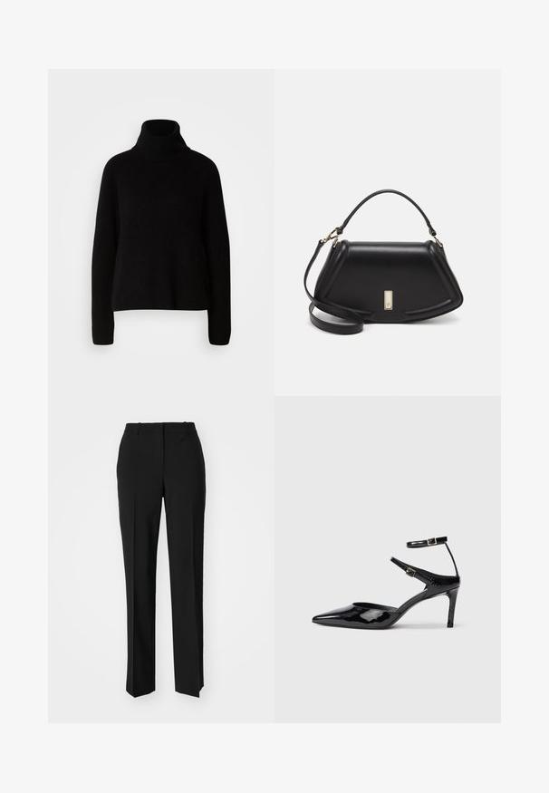 Czarny sweter z golfem, wykonany z prążkowanego materiału; charakteryzuje się długimi rękawami i luźnym krojem, podkreślającym prosty i klasyczny design.; Czarne spodnie o dopasowanym kroju z prostymi nogawkami, o gładkiej fakturze i wyraźnych zagięciach z przodu. Bez widocznych elementów metalowych.; Czarne lakierowane szpilki z ostrym noskiem, regulowanymi paskami wokół kostki i smukłą szpilką. Gładka tekstura z błyszczącym wykończeniem.; Czarna skórzana torebka o strukturalnym designie, z przyciętą formą, górnym uchwytem i złotymi akcentami. W zestawie regulowany pasek na ramię.