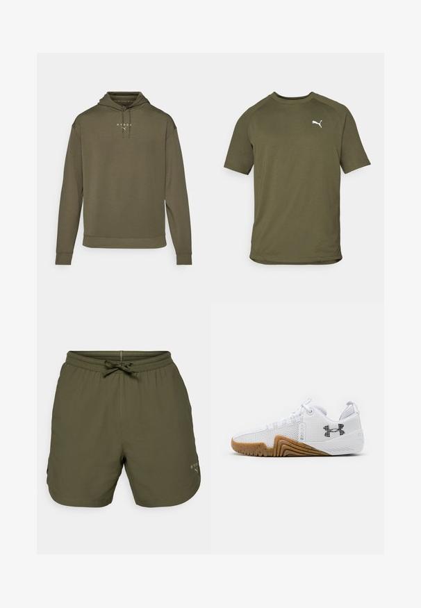 Olivově zelená mikina s kapucí na šňůrku, dlouhými rukávy a volným střihem. Má bílé logo na hrudi a žebrované manžety.; Olivově zelené tričko s krátkým rukávem, vyrobené z hladkého materiálu, má kulatý výstřih a bílou logo na levé straně hrudi.; Olivově zelené sportovní šortky vyrobené z lehkého materiálu, se skládacím pasem a šňůrkou, a s malým logem na boku.; Bílé sportovní boty svršek z prodyšné síťoviny, gumová podrážka v barvě gumy, texturované detaily a černé logo na boku.