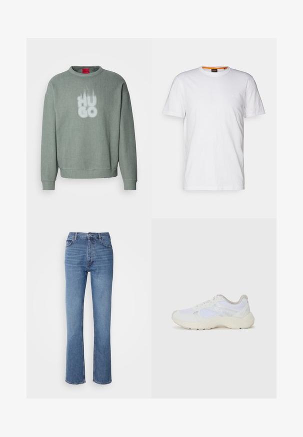 Hele roheline soonik-sweater, millel on ümara kaeluse lõige ja peen graafika sõnaga "HUGO" valgena eespool.; Valge puuvillane T-särk ümmarguse kaelusega, lühikeste varrukatega ja rinna peal diskreetse reljeefse logoga. Siseetiketil on oranž detail.; Sinised denim teksad kõrge vöökoha, sirge jala disaini ja kerge pleekimisega. Omavad klassikalist viit taskut ja tõmbluku sulgemist.; Valged sportlikud jalanõud, mis on valmistatud võrkkangast ja seemisnahast, sisaldavad tekstureeritud vahetald, tekstureeritud aktsentide ning küljes oleva "HUGO" logo.