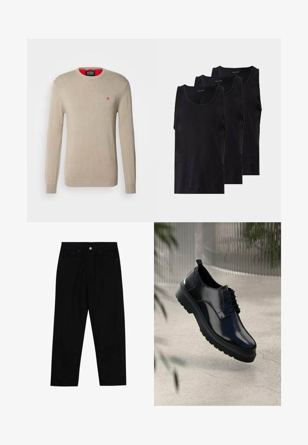Beżowy sweter dzianinowy z długimi rękawami, okrągłym dekoltem i małym czerwonym logo na piersi. Posiada ściągacze przy mankietach i u dołu.; Czarne bawełniane topy na ramiączkach w zestawie trzech sztuk, z okrągłym dekoltem i bez rękawów, o gładkiej fakturze i klasycznym kroju.; Czarne spodnie dżinsowe w klasycznym kroju prostym, z pięcioma kieszeniami i zapięciem na guzik z przodu. Gładka tekstura z minimalnymi detalami szwy.; Czarne skórzane buty z połyskiem, okrągłym noskiem, sznurowanym zapięciem, kontrastowym przeszyciem oraz grubą gumową podeszwą z bieżnikiem.