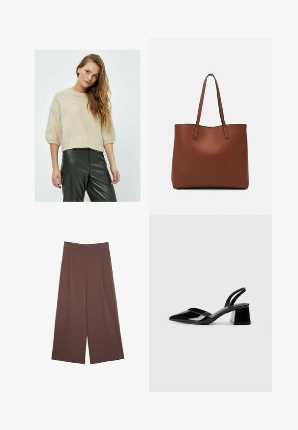 Maglione beige a maglia con collo rotondo, maniche corte e orlo a coste, abbinato a pantaloni in pelle verde scuro con una finitura testurizzata.; Pantaloni ampi marroni con una texture liscia, caratterizzati da una vita alta e pieghe frontali. Il tessuto è leggero e scorre liberamente.; Décolleté in vernice nera con punta affusolata e tacco in geometria cubica. Presentano un design elegante e minimalista, con una texture liscia.; Borsa tote in pelle marrone con texture liscia, design con apertura superiore e due spallacci. Presenta cuciture minime e nessun hardware visibile.
