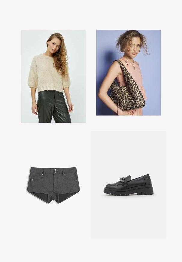 Pletený béžový sveter s okrúhlym výstrihom, krátkymi rukávmi a rebrovaným spodným okrajom, skombinovaný s tmavozelenými koženými nohavicami so štruktúrovaným povrchom.; Sivé džínsy šortky s dvoma prednými vreckami, dvojitým predným gombíkom a priliehavým strihom. Tkanina má hladkú textúru.; Čierne loafrové topánky s robustnou platformou, hladkým koženým vrchom, dekoratívnym reťazovým doplnkom a mierne zdvihnutou pätou s výrezom.; Žena s kučeravými vlasmi, oblečená v ružovom bezrukávovom topu a zlatom náhrdelníku v tvare srdca, nesúca veľkú ramennú tašku s leopardím vzorom.