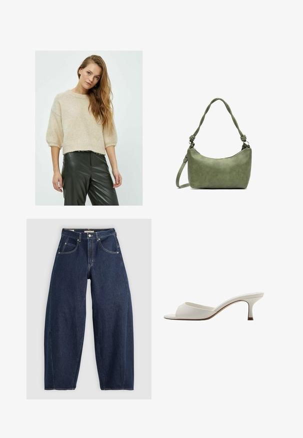Beige gebreide trui met een ronde hals, korte mouwen en ribbelzoom, gecombineerd met donkergroene leren broek met een gestructureerde afwerking.; Donkerblauwe denim jeans met een losse fit, lichte stiksels, vijf zakken en een knoopsluiting op de taille.; Witte open-toed hoge hakken met een gladde afwerking, minimalistisch ontwerp en een slanke hak, met een subtiele bruine accent op de zool.; Groeneleren handtas met een gladde textuur, gebogen vorm en gevlochten handvat. Beschikt over een ritsluiting en een verstelbare schouderband.