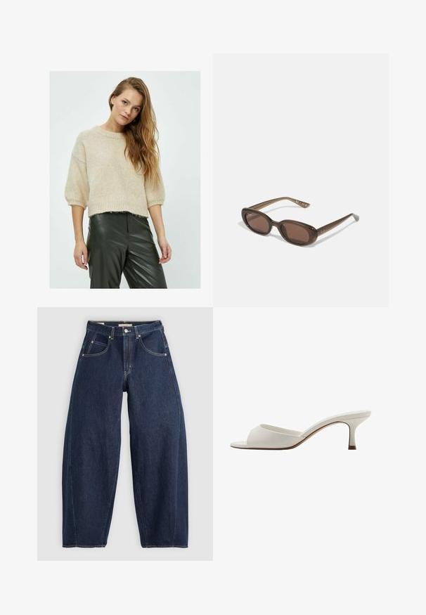 Beige Strickpullover mit rundem Hals, kurzen Ärmeln und geripptem Saum, kombiniert mit dunkelgrünen Lederhosen, die eine strukturierten Oberfläche aufweisen.; Dunkelblaue Denim-Jeans mit lockerer Passform, heller Naht, fünf Taschen und einem Knopfverschluss am Bund.; Weiße, offene High-Heel-Mules mit glatter Oberfläche, minimalistischer Gestaltung und schlankem Absatz, ausgestattet mit einem subtilen braunen Akzent auf der Sohle.; Braune ovale Sonnenbrillen mit dunklen Gläsern. Das Gestell besteht aus einem transparenten braunen Material und hat ein auf den Bügeln aufgedrucktes Logo.; Grüne Lederhandtasche mit glatter Textur, gebogenem Design und geflochtenem Griff. Verfügt über einen Reißverschluss und einen verstellbaren Riemen.
