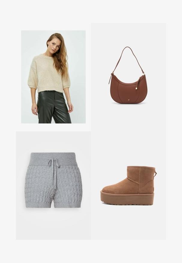 Beige Strickpullover mit rundem Hals, kurzen Ärmeln und geripptem Saum, kombiniert mit dunkelgrünen Lederhosen, die eine strukturierten Oberfläche aufweisen.; Graue Strickshorts mit strukturiertem Design, ausgestattet mit einem gerippten Bund und verstellbarem Kordelzug. Kurze Länge, weicher Stoff.; Beige Wildleder-Ankle-Boot mit Plateausohle, abgerundetem Zehenbereich und abgesteppten Akzenten; verfügt über eine Zuglasche hinten für einfaches An- und Ausziehen.; Braune Kunstleder-Schultertasche mit geschwungener Form, minimaler Naht und goldfarbener Hardware-Akzent. Verfügt über einen oberen Reißverschluss und einen verstellbaren Trageriemen.