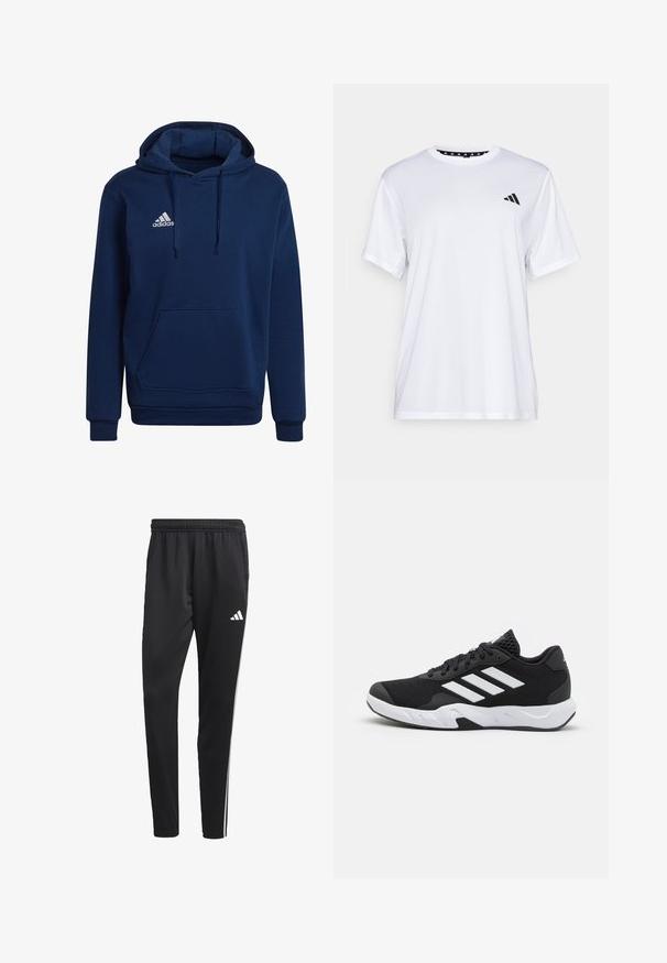 Hanorac bleumarin din material moale, cu buzunar frontal tip kangaroo, glugă cu șnur reglabil și logo-ul Adidas brodat în alb.; Tricou sportiv alb cu mâneci scurte, fabricat dintr-un material care elimina umezeala. Are un logo negru pe pieptul stâng și o guler interiory cu un design patterned.; Pantaloni sport negru cu un brâu elastic, dungi albe pe lateral și un mic logo alb pe coapsă. Realizați dintr-un material neted și ușor.; Pantofi sport negri cu un material din plasă texturată, benzi albe de accent, o talpă cushioned și un călcâi întărit pentru suport.
