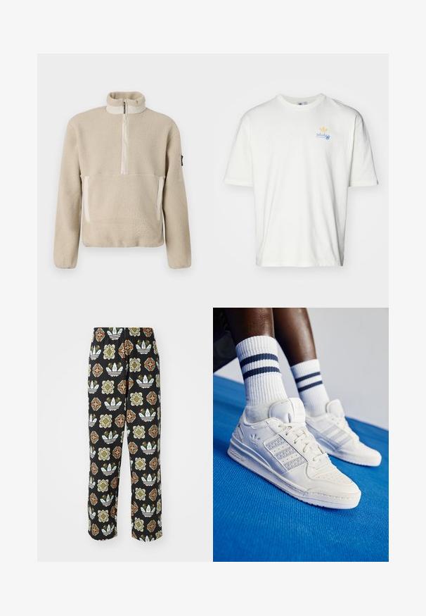 Beige flīsa krekls ar augstu apkakli, ceturtdaļas rāvējslēdzēju priekšā un divām priekšējām kabatām. Strukturēts audums ar kontrastējošiem beigu akcentiem.; Balta kokvilnas T-kreklu ar apaļu kakla izgriezumu un īsām piedurknēm, ar zilu skriptu "adidas" un dzeltenu trifoļu logotipu uz krūtīm.; Melnas bikses ar sarežģītu dažādu formu rakstu, tostarp ziedu dizainiem un svītrām oranžā, zaļā un baltā krāsā.; Baltas ādas sneakeri ar perforētiem akcentiem, trim metāliskiem svītrām un strukturētu sānu paneļu. Valkāti ar baltiem zeķēm, uz kurām ir zilas svītras.