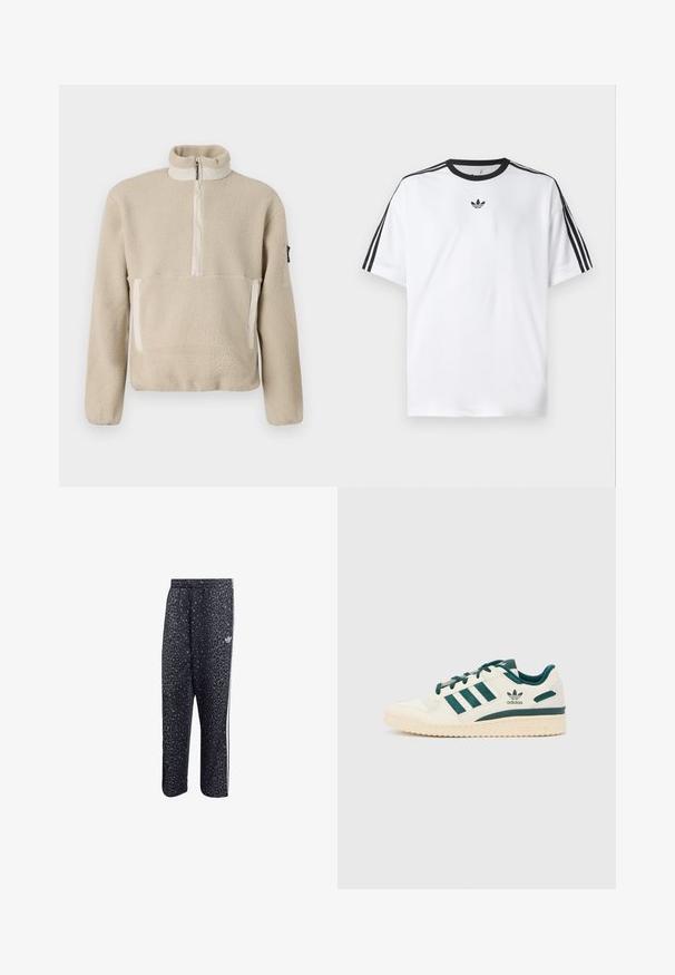 Beige fleece pullover with high collar, quarter-zip front, and two front pockets. Textured fabric with contrasting beige accents.; White T-shirt made of cotton, featuring a black round neckline and three black stripes on each shoulder. Small black logo on the chest.; Black athletic pants with a leopard print pattern, featuring a white three-stripe design and an athletic brand logo on the side.; White sneaker with green accents. Features three green stripes, textured toe cap, and logo on side. Rubber sole with textured pattern.