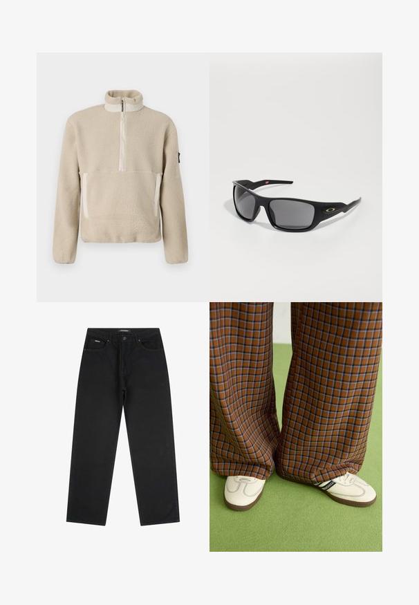 Pull en polaire beige avec un col montant, fermeture éclair sur le devant sur un quart, et deux poches avant. Tissu texturé avec des accents beiges contrastants.; Jean noir à jambe droite avec bouton frontale et fermeture éclair, passants de ceinture et design à cinq poches, posé à plat sur un fond blanc.; Un pantalon large à carreaux marron et bleu associé à des chaussures blanches avec des accents noirs et des semelles texturées, le tout sur fond vert.; Lunettes de soleil noires de forme rectangulaire, fabriquées en plastique durable, avec des verres teintés gris et un accent doré sur le côté.