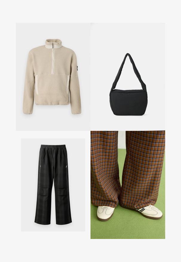 Pull en polaire beige avec un col montant, fermeture éclair sur le devant sur un quart, et deux poches avant. Tissu texturé avec des accents beiges contrastants.; Pantalons à carreaux noirs avec une taille élastique, deux poches avant et une coupe ample avec une conception à jambe droite. Fabriqués en matériau léger.; Un pantalon large à carreaux marron et bleu associé à des chaussures blanches avec des accents noirs et des semelles texturées, le tout sur fond vert.; Sac à épaule noir avec une texture rembourrée, une forme arrondie et une large bandoulière, arborant un logo embossé sur le devant.