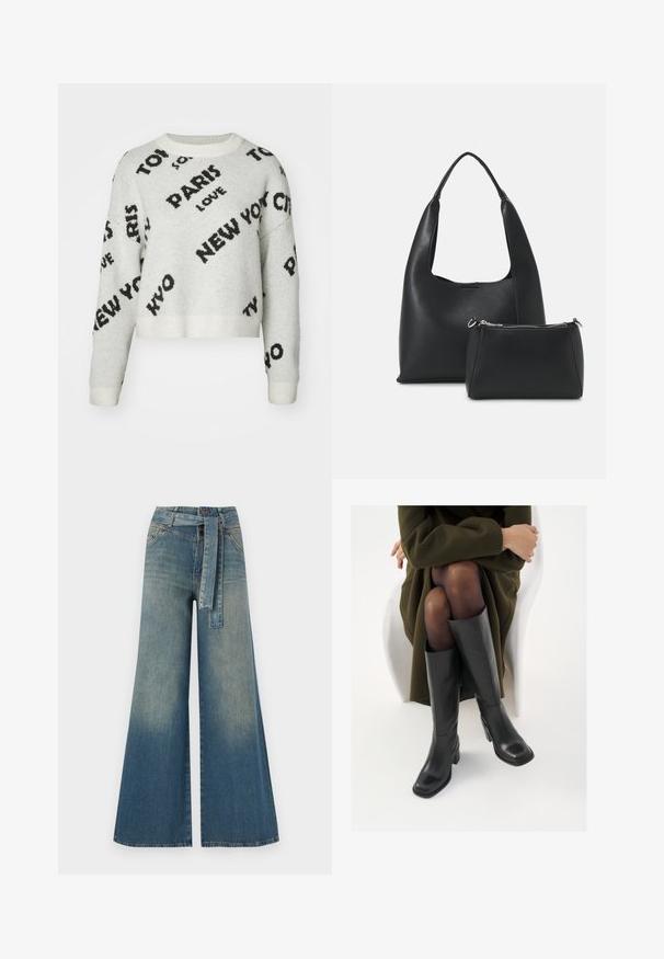 Maglione cropped bianco con grafiche testuali nere "PARIS," "NEW YORK," e "LOVE," dotato di scollo rotondo e polsini a costine. Tessuto morbido.; Pantaloni in denim a gamba larga con una sfumatura che va dal blu chiaro al blu scuro, vita alta, passanti per cintura e una cintura in tessuto coordinato. Finitura in denim strutturato.; Stivali neri in pelle alti fino al ginocchio con punta squadrata e tacco a blocco, mostrati con un modello seduto in un cappotto verde oliva. Texture liscia, dettagli minimi.; Even&Odd Borsa a mano - black