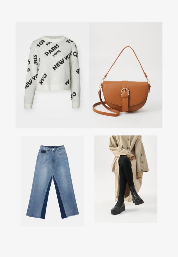 Valge lühike sviiter mustade tekstigraafikatega "PARIIS," "UJUL" ja "ARMASTUS," ümmarguse kaeluse ja soonikkätistega. Pehme tekstuur.; Heledad sinine laiemate jalgadega teksapüksid kontrastsete tumedate siniste paneelidega, lõhikud allääres ja tavaline talje metallnupuga kinnitamiseks.; Must nahkased kingad, millel on paeltega detail, kõrgendatud platvormi tald ja tekstureeritud mustad retuusid, kantud helebeeži trench-kotiga.; Pruun nahast õlakott, millel on kumer kuju, kullavärvi riistvara ja pandlaga kaunistus. Omab eemaldatavat õlarihma.