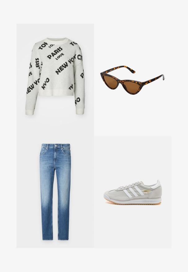 Bílý zkrácený svetr s černým textovým potiskem "PAŘÍŽ," "NEW YORK" a "LÁSKA," s kulatým výstřihem a žebrovanými manžetami. Měkká textura.; Světle modré džíny z denimové látky se středním střihem, vybledlou texturou, pěti kapsami a zapínáním na knoflík v pase. Výrazné detaily šití.; Světlé šedé tenisky vyrobené z semiše a síťoviny, se třemi bílými pruhy, kulatou špičkou a gumovou podrážkou. Zlatý logo akcent u šněrování.; Sluneční brýle ve stylu kočičích očí s černo-oranžovým želvovinovým rámem, hnědými skly a elegantními, špičatými konci. Obsahují minimalistické logo na straně.