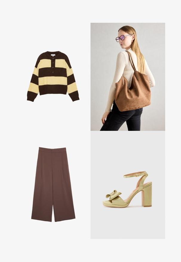 Sweter dzianinowy w brązowe i żółte poziome paski, z okrągłym dekoltem i trzema guzikami z przodu do zapięcia. Krótki fason.; Brązowe spodnie o szerokich nogawkach z gładką fakturą, z wysokim stanem i plisami z przodu. Materiał jest lekki i luźno opada.; Zielona satynowa sandałka na wysokim obcasie z kokardką na przednim pasku, regulowanym paskiem na kostkę oraz masywnym kwadratowym obcasem.; Brązowa torebka typu tote wykonana z zamszu o miękkiej teksturze, z dużym otwarciem i długimi paskami. Charakteryzuje się prostym designem z widocznymi szwami i bez elementów metalowych.