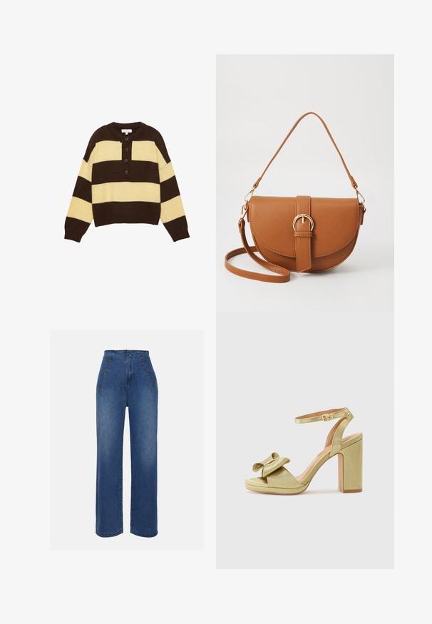 Gebreide trui met bruine en gele horizontale strepen, uitgerust met een ronde halslijn en drie voorknopjes voor sluiting. Korte snit.; Hoge taille denim jeans in medium blauw. Bevat knopen aan de voorkant en een wijde pijpontwerp. De stof heeft een gladde textuur met een lichte vervaging.; Groene satijnen hoge hak sandaal met een strikdetail op de voorband, verstelbare enkelband en een chunky vierkant hak.; Bruine leren schoudertas met een gebogen vorm, gouden hardware en een gespaccent. Bevat een afneembare schouderriem.