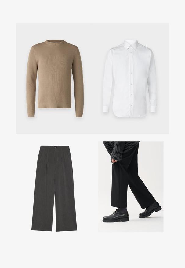 Beige kötött pulóver kerek nyakkal, bordás mandzsettákkal és aljjal, texturált anyagból, egyszínű, minta vagy kiegészítők nélkül.; Fehér, hosszú ujjú ing, sima pamut anyagból készült, klasszikus gallérral és finom fényű felülettel. Öt gomb a elülső részen.; Sötét szürke szövetből készült, széles lábú nadrág, pleátolt elejével, két oldalsó zsebével és lapos derékrészével. Simara textúra és szabott dizájn.; Fekete bőr cipők kerek orral, fűzős kialakítással és vastag, texturált talppal. Öltönyös fekete nadrággal és bordázott pulóverrel viselve.