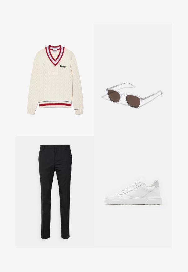 Cream cable-knit sweater with a deep V-neck, featuring red and blue striped ribbing and an embroidered green crocodile logo on the chest.; Black tailored trousers with a straight fit, made from smooth fabric. Features belt loops and crease detail along the front.; White leather sneakers with a smooth finish, rounded toe, flat laces, and a textured sole. Grey suede accent at the heel.; Clear plastic sunglasses with rectangular brown lenses, featuring thin, transparent arms and metal accents on the temples.