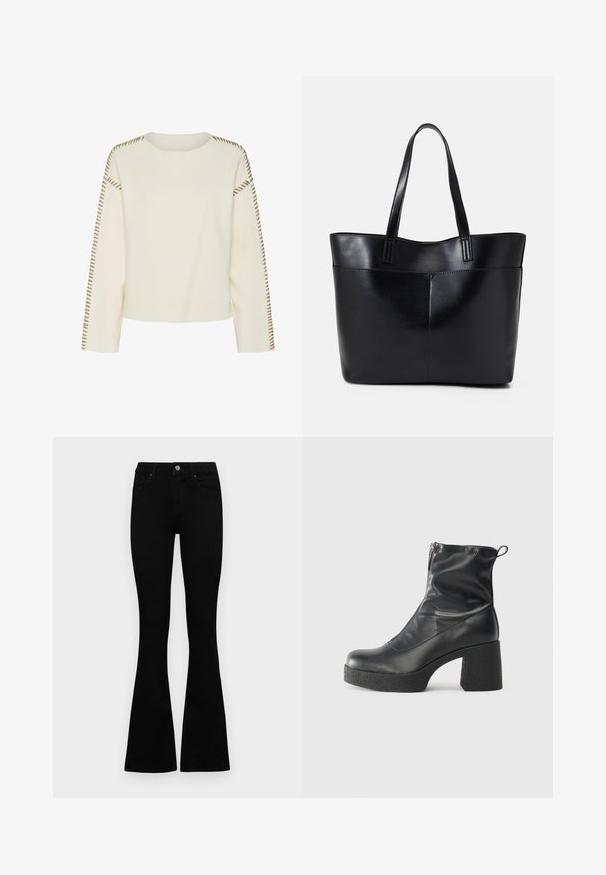 Gaiši krēmkrāsas džemperis ar apaļu kakla izgriezumu, garām piedurknēm un dekoratīvu brūnu izšuvumu plecu šuvēm. Mīksta tekstūra un brīvs griezums.; Melni augsta jostas šorti ar pogu un rāvējslēdzēju, priekšējām kabatām un izplestām kājām, nolikti uz balta fona.; Melni potītes zābaki, kas izgatavoti no gludas ādas, ar sānu rāvējslēdzēju, masīvu strukturētu papēdi un noapaļotu purngalu.; Melnas ādas iepirkumu soma ar divām garām rokturām, gludu tekstūru un strukturētu formu. Iekļauj priekšējo kabatu papildu uzglabāšanai.