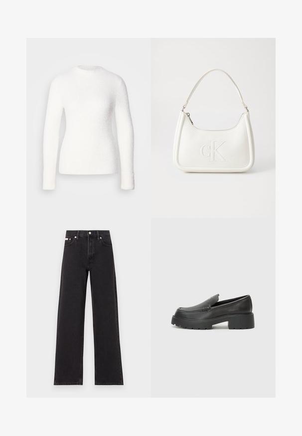 Witte structuurtrui met een ronde hals, lange mouwen, zachte stof en geribbelde details. Aansluitend ontwerp met een gladde afwerking.; Zwarte wijde spijkerbroeken van denim, met een hoge taille, vijf-pocket stijl en een metalen knoopsluiting met contrasterende stiksels.; Zwarte leren instappers met een ronde neus, dikke getextureerde zool en minimale stikseldetails. Strak ontwerp zonder zichtbare veters of hardware.; Witte lederen handtas met een gebogen vorm, voorzien van een reliëf "CK" logo aan de voorkant en een enkele schouderriem. Ritsluiting aan de bovenkant.