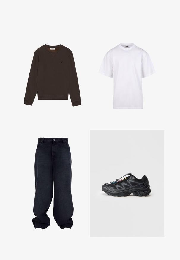 Pier One Felpa - dark brown; T-shirt bianca in cotone con scollatura a girocollo, maniche corte e vestibilità rilassata. Presenta un design semplice senza motivi o accenti.; Pantaloni in denim neri a gamba larga con una texture liscia, design a cinque tasche e chiusura con bottone. Presenta una vestibilità rilassata e un orlo affusolato.; Scarpa sportiva nera con tomaia in mesh testurizzato, punta rinforzata e sistema di allacciatura rapida. Presenta una suola robusta e una leggera elevazione del tacco.