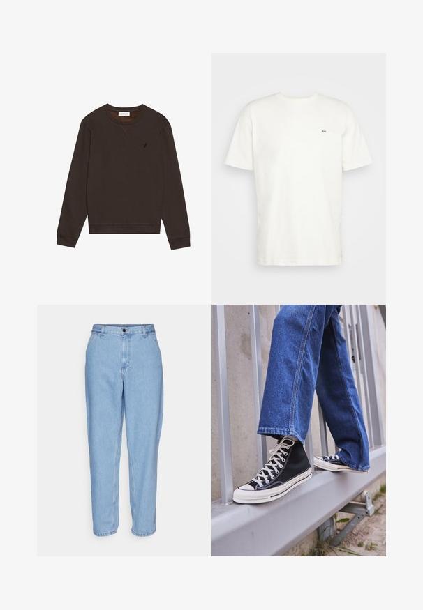Pier One Pusa - dark brown; Valge puuvillane T-särk ümmarguse kaelusega, lühikeste varrukatega ja väikese musta "W.W." logoga vasakul rinnal. Sile tekstuur, regulaarne lõige.; Heledsinine denimihius, millel on mugav lõige, kõrge talje ja sirged sääred. Omab eespooltaskuid ja metallist nööbilõpet.; Mustad mustade kõrgete tossudega, millel on valge tallaga ja valged paelad, koos vaba sinise denimidega, mis puhkavad hallil piiridel.