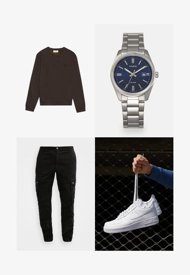 Pier One Melegítőfelső - dark brown; Fekete cargo nadrág tartós anyagból, oldalsó zsebekkel, gombos záródással és karcsú szabással. Simá szövet, minimális részletezéssel.; Fehér bőr sportcipők perforációval, kerek orral, lapos talppal és vastag fűzőkkel, látható swoosh logóval és "AIR" felirattal a sarokrészen.; Ezüst színű rozsdamentes acél karóránk sötétkék számlapja van, fém óraszámlálókkal és egy dátumablakkal a 3 órás pozícióban. 50 méterig vízálló.