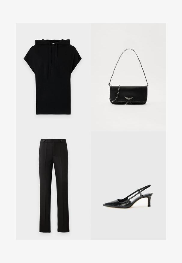Crna dukserica s kapuljačom, kratkih rukava, opuštenog kroja i s vezicom. Glatka tekstura, jednostavan dizajn i bez vidljivih uzoraka ili akcenta.; Crne krojene hlače ravnog kroja, s dva prednja džepa, dugmetom za zatvaranje i pregibima sprijeda. Glatka tekstura tkanine.; Crne lakirane slingback pete s oštrim vrhom, s teksturiranim uzorkom zmijske kože, podesivom remenom i kratkom, teksturiranom blok-petom.; Crna kožna torba s srebrnim lanac strapom, s dekorativnim krilnim naglascima i bijelim šavovima duž donjeg šava.