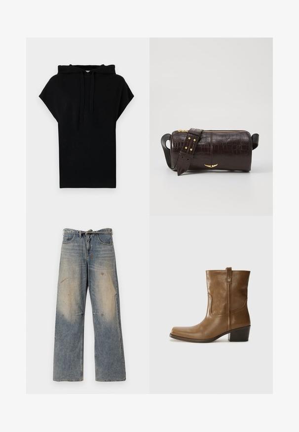 Juoda kapučino palaidinė su trumpomis rankovėmis, laisvas kirpimas ir raištelis. Lygi tekstūra, paprastas dizainas ir jokie matomi raštai ar akcentai.; Šviesiai mėlynos džinsinės kelnės su laisvu, tiesiu kojų kirpimu. Su įbrėžimais, nudilimu ir suplėšytais elementais šalia kelių. Klasikinis penkių kišenių stilius.; Rudų odinių batų iki kulkšnies su kvadratiniu pirštu, tekstūruotu paviršiumi ir žemu sluoksniuota pakulne. Yra užpakalinis kilpas ir subtilūs siuvinėjimo detalės.; Ruda krokodilo odspaudo odinė rankinė cilindro formos, su auksinėmis detalėmis ir nuimamu dirželiu, papuoštu studelėmis.