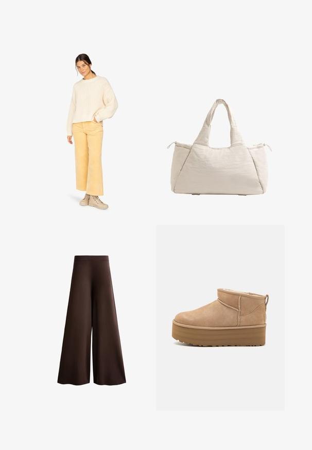 Crème gebreide trui met brede mouwen, gecombineerd met lichtgele ribfluwelen broek en beige veterschoenen. Eenvoudig en textuurvol ontwerp.; Bruine wijde broek gemaakt van zachte stof, met een hoge taille, subtiele textuur en een vloeiende silhouet zonder zichtbare sluitingen of versieringen.; Beige suède enkellaarsjes met een pluche binnenvoering, voorzien van een plateauzool en een trekhaak aan de achterkant voor gemakkelijk aantrekken. Gemêleerde rubberen zool.; Beige gevoerde schoudertas met twee handvatten, ronde vorm, textuurstof en een trekkoord zijvak. Gladde afwerking, minimalistisch ontwerp.