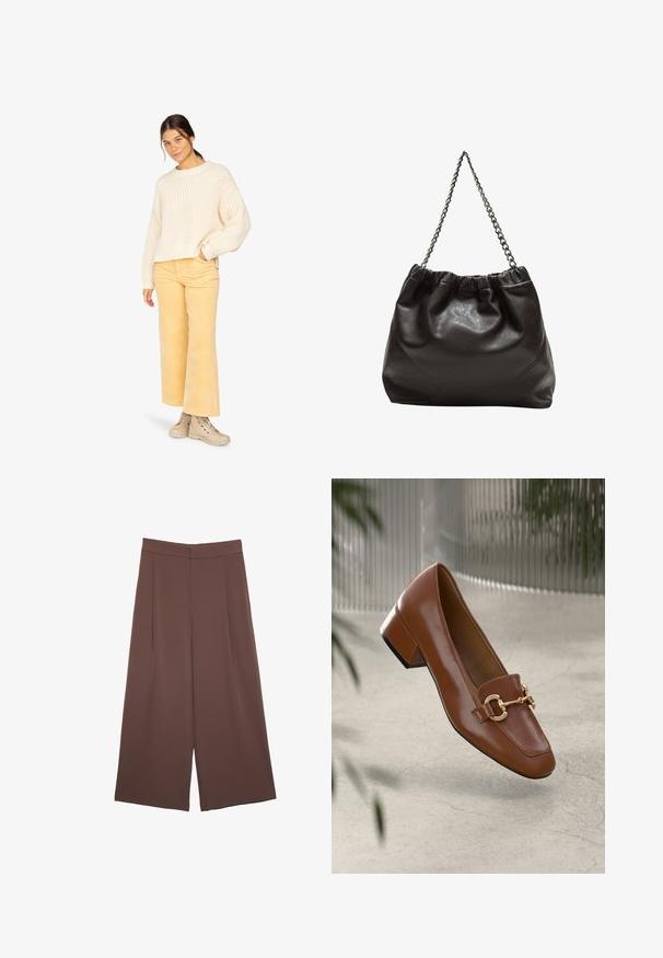 Krémový pletený sveter s širokými rukávmi, skombinovaný so svetlo žltými kordurovými nohavicami a béžovými šnurovacími čižmami. Jednoduchý a textúrovaný dizajn.; Hnedé nohavice so širokými nohavicami a hladkou textúrou, s vysokým pásom a prednými skladmi. Tkanina je ľahká a voľne sa pohybuje.; Hnedé lakované kožené loafers s hranatou špičkou, kovovým reťazovým akcentom a nízkym blokovým podpätkom; hladká textúra, minimalistický dizajn.; Hnedá kožená taška so zberaným vrchom a reťazovým popruhom. Hladký povrch s lesklým finišom a jemným švom po stranách.