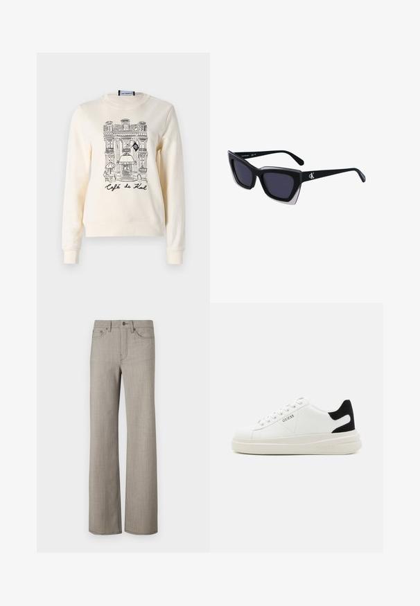 Sudadera color crema con una textura suave que presenta un boceto en negro de un edificio de café y el texto "Café de Karl" debajo de la ilustración.; Pantalones de pierna ancha en un gris claro, con una tela texturizada y un acabado suave. Presenta un cierre de botón y un diseño de cinco bolsillos.; Zapatillas blancas de cuero con una suela blanca gruesa, acento en el talón de ante negro y logo grabado en el lateral. Diseño de cordones con seis ojales.; Gafas de sol negras de gran tamaño con una forma geométrica, que presentan lentes oscuros y un detalle gris contrastante en la montura. Logo en la pata.