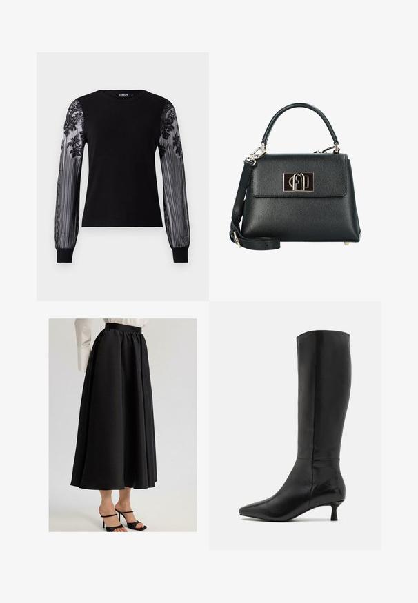 Maglietta nera a maniche lunghe con corpo in maglia solida e maniche in rete trasparente e testurizzata, caratterizzate da ricami floreali e motivo a strisce sui polsini.; Gonna nera maxi realizzata in tessuto liscio, caratterizzata da una vita arricciata e un design fluido, abbinata a sandali neri con cinturini.; Zign Stivali alti - black; Borsa a tracolla in pelle nera texture con una forma strutturata, dotata di manico superiore, tracolla removibile e una chiusura con logo in tono oro.; Orologio da polso rettangolare dorato con quadrante bianco, indicatori delle ore in tono argento e un robusto bracciale in metallo. Include la funzione di resistenza all'acqua.