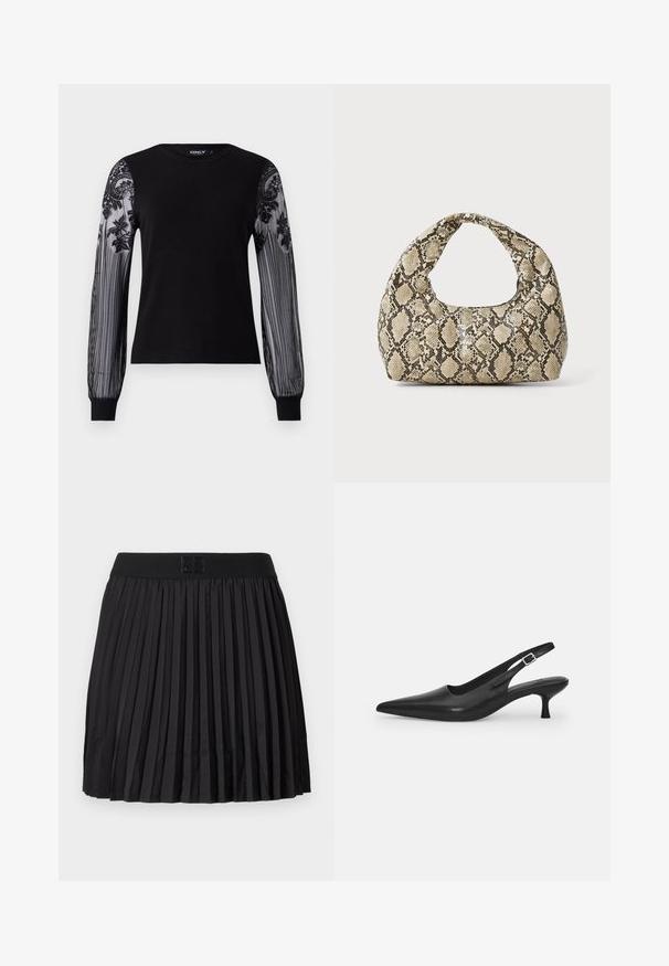 Mustat pitkähihaiset paita, jossa on kiinteä neulottu vartalo ja läpinäkyvät verkkohihat, joissa on kukkakirjontaa ja raidallista kuviointia hihansuissa.; Mustat laskostetut hameet, joissa on sileä pinta, kiinteä musta vyötärö ja kohokuvioitu logo edessä.; Mustan nahkainen slingback-kengät, joissa on terävä nenä ja kapea, kaareva korko. Varustettu huomaamattomalla säädettävällä hihnalla, jossa on metallinen solki.; Käärmeennahkakuosiset käsilaukku, jossa on kaareva kahva. Tehty teksturoiduista beigeistä ja ruskeista materiaaleista, joissa on erottuva timanttikuvio.
