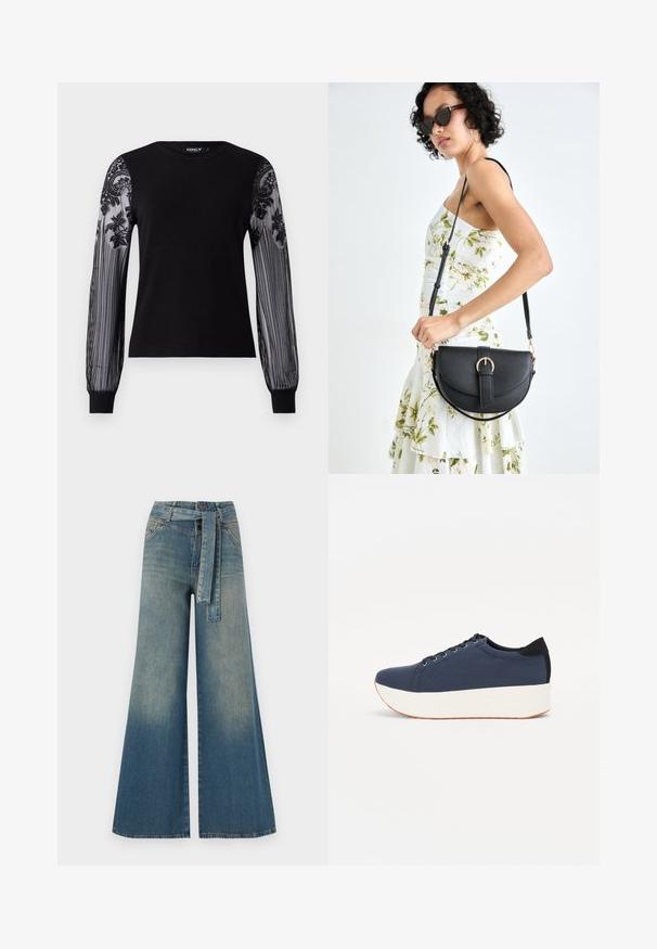 Black long-sleeve top with a solid knit body and sheer textured mesh sleeves featuring floral embroidery and striped pattern at the cuffs.; Wide-leg denim trousers featuring a light to dark blue gradient, high waist, belt loops, and a matching fabric belt. Textured denim finish.; Navy blue sneaker with a textured fabric upper, white platform sole, rounded toe, and black heel accent. Features six eyelets for laces.; Black leather handbag with a curved shape, detachable strap, and gold hardware. The bag features a flap with a buckle detail.